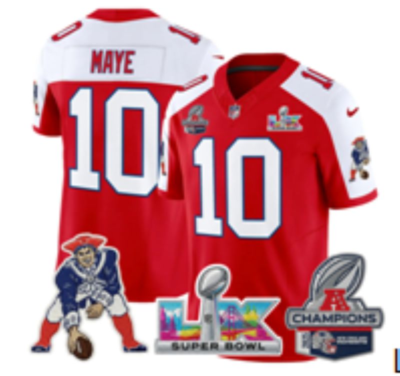 Men 2026 New England Patriots #10 Maye Red Super Bowl Nike Limited NFL Jersey style 01